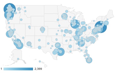 A map of the United States with blue circles showing data points clustered mostly in major cities; a legend shows values from 1 to 2,399.