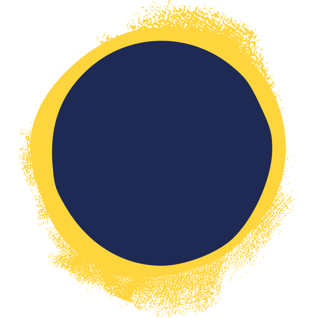 A large navy blue circle with a rough, uneven yellow border on a white background, giving a painted or brushed appearance.