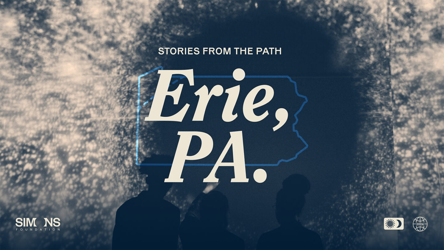Silhouettes of people face a misty background with Stories from the Path Erie, PA. over an outline of Pennsylvania. Logos appear at the bottom left and right corners.