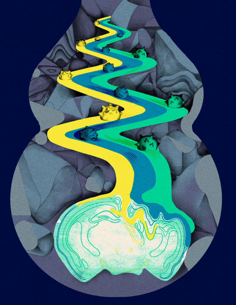 A bright yellow and turquoise winding path flows through abstract, rocky terrain with small animal-like figures along the path, all set against a dark blue background.