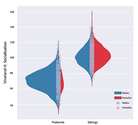 Violin plot showing Vineland-II Socialization scores for males (blue) and females (red), split into Probands and Siblings groups, with overlapping distributions and individual data points.