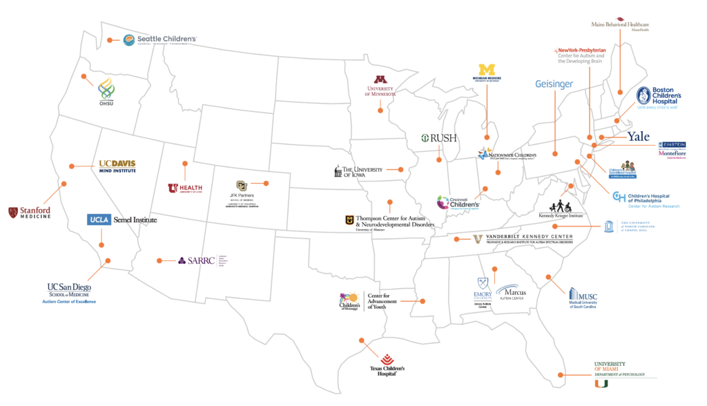 A map of the United States with logos and names of various childrens hospitals, research centers, and universities placed on their respective locations across the country.