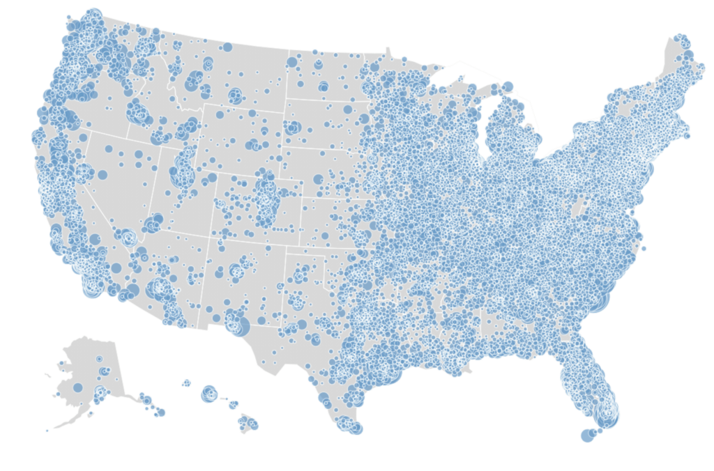 A map of the United States shows thousands of blue circles of varying sizes, densely clustered in the eastern half, representing data points or population concentrations. Alaska is shown in the lower left corner.