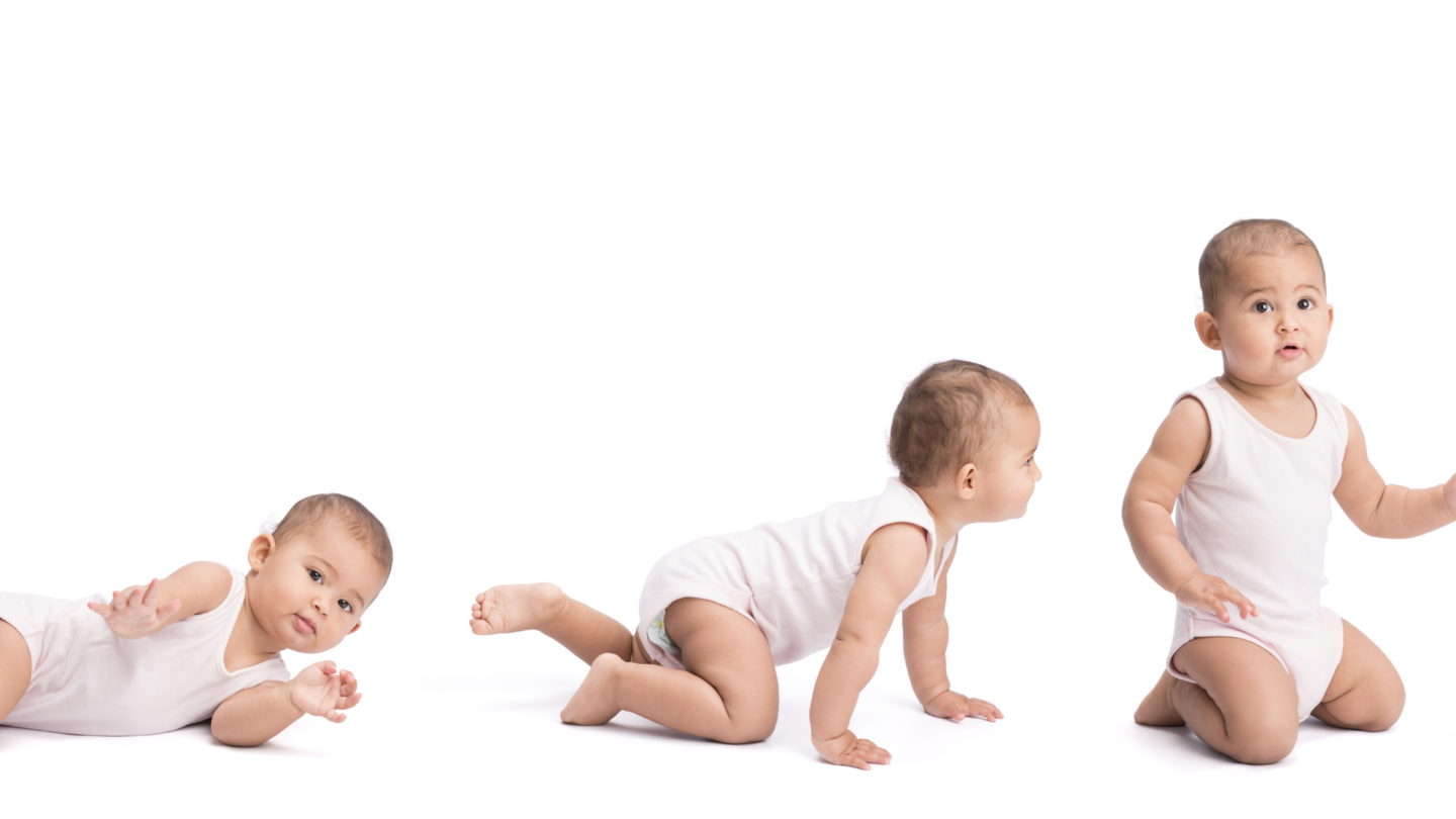 Six babies in white onesies demonstrate stages of development, from lying down to rolling, crawling, sitting, squatting, and standing, against a white background.