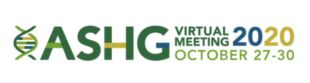 Logo for ASHG Virtual Meeting 2020, held October 27–30. The text includes a DNA strand design as the A in ASHG.