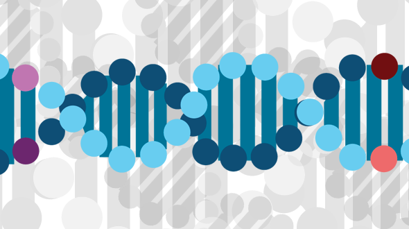 Abstract illustration of a DNA double helix with blue, teal, and dark red circles connected by vertical lines, set against a background of light gray faded helix shapes.
