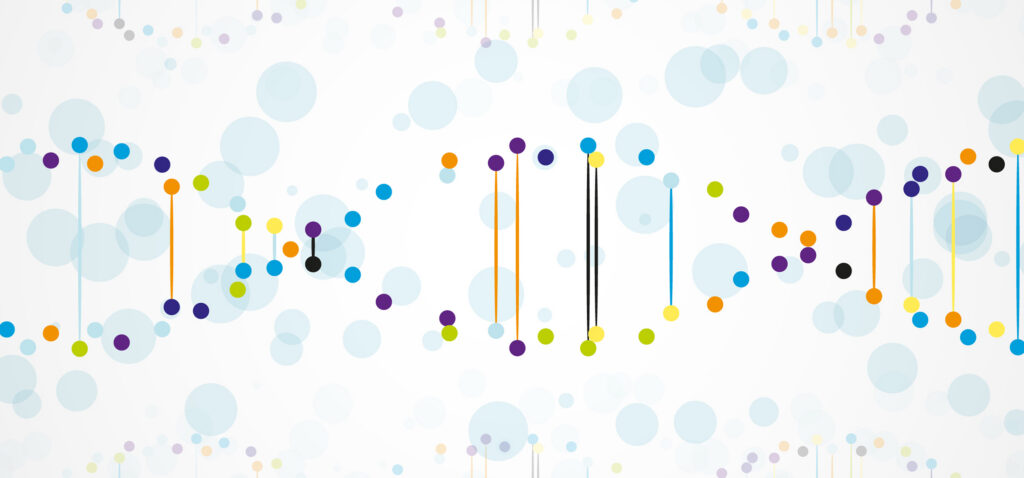 Abstract illustration of a DNA double helix made with colorful dots and lines on a white background with light blue circles.