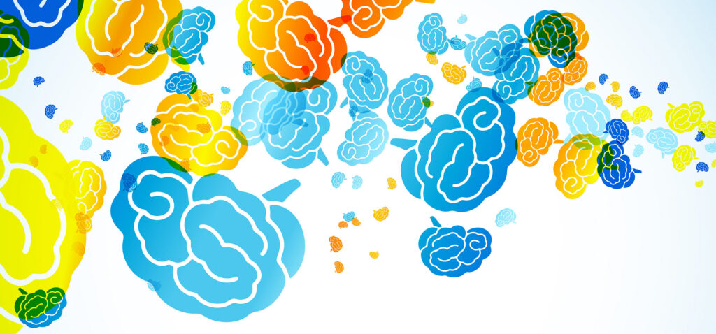 Colorful, abstract shapes resembling brains in various sizes are scattered across a white background, mainly in blue, yellow, and orange tones, creating a dynamic and vibrant visual effect.