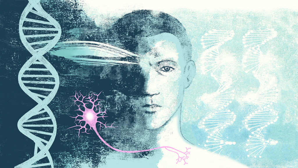 A stylized illustration of a mans face, DNA strands, a neuron, and neural connections on a blue background, representing genetics and neuroscience.