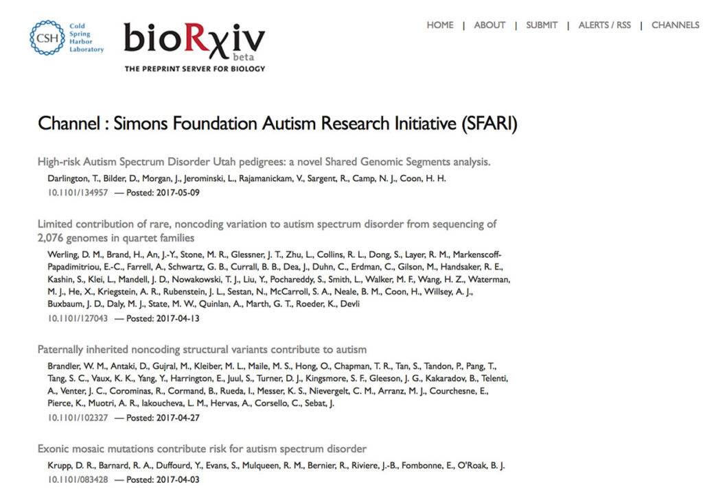 Screenshot of a bioRxiv webpage displaying the Simons Foundation Autism Research Initiative (SFARI) Channel with a list of autism research articles, authors, and publication dates.