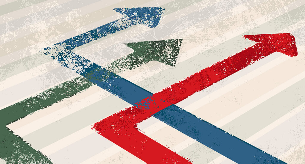 Three textured arrows—green, blue, and red—cross and curve upward against a striped, distressed background, symbolizing different paths or choices.