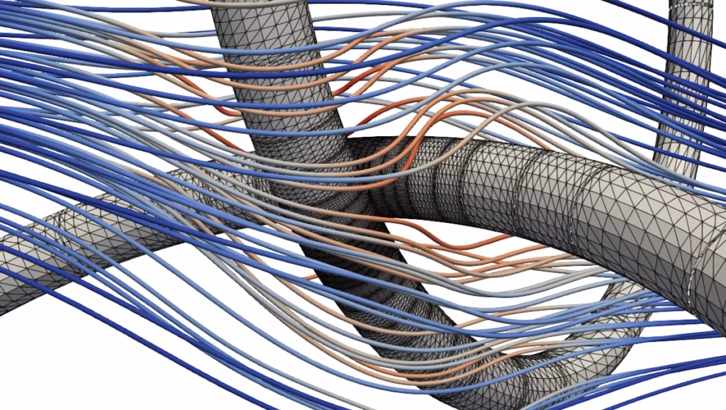 A 3D visualization shows mesh tubes intertwined, with blue, red, and gray lines flowing around them, illustrating airflow or fluid dynamics in a scientific or engineering simulation.