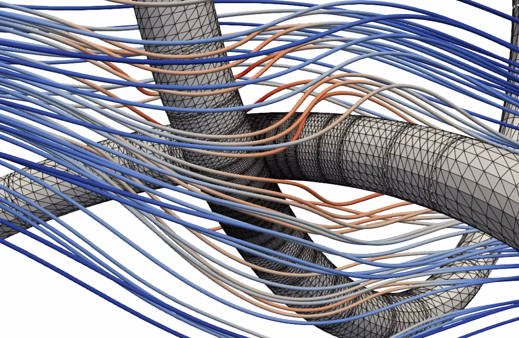 A 3D visualization shows mesh tubes intertwined, with blue, red, and gray lines flowing around them, illustrating airflow or fluid dynamics in a scientific or engineering simulation.