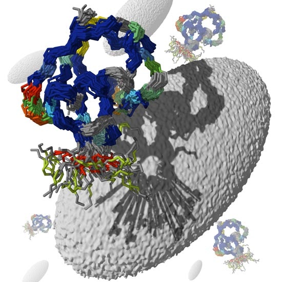 A 3D illustration of a molecular structure with interlocking rings above a textured, oval surface, casting a complex shadow. Smaller, similar structures are seen in the background.