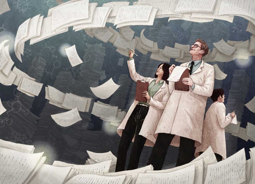 Three scientists wearing lab coats stand among hundreds of swirling papers, taking notes and pointing as they analyze information in a chaotic, research-focused environment.