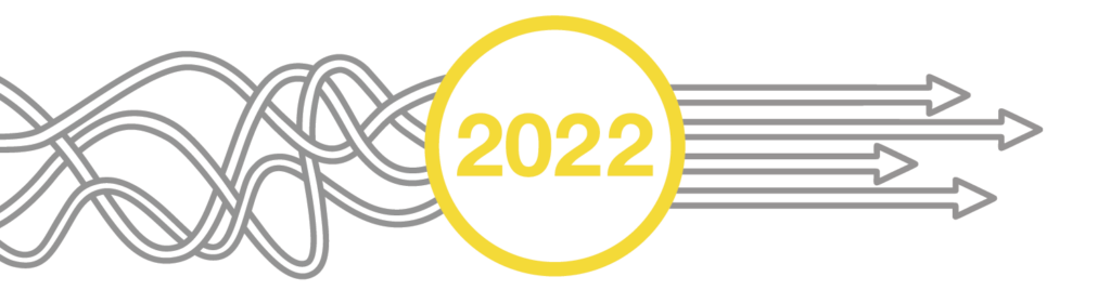Yellow circle with 2022 inside. On the left are tangled gray lines, and on the right, straight gray arrows point right, passing through the circle.