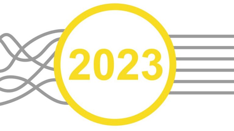 Gray tangled lines enter a large yellow circle with 2023 inside, then emerge as straight arrows pointing right, symbolizing clarity or progress.
