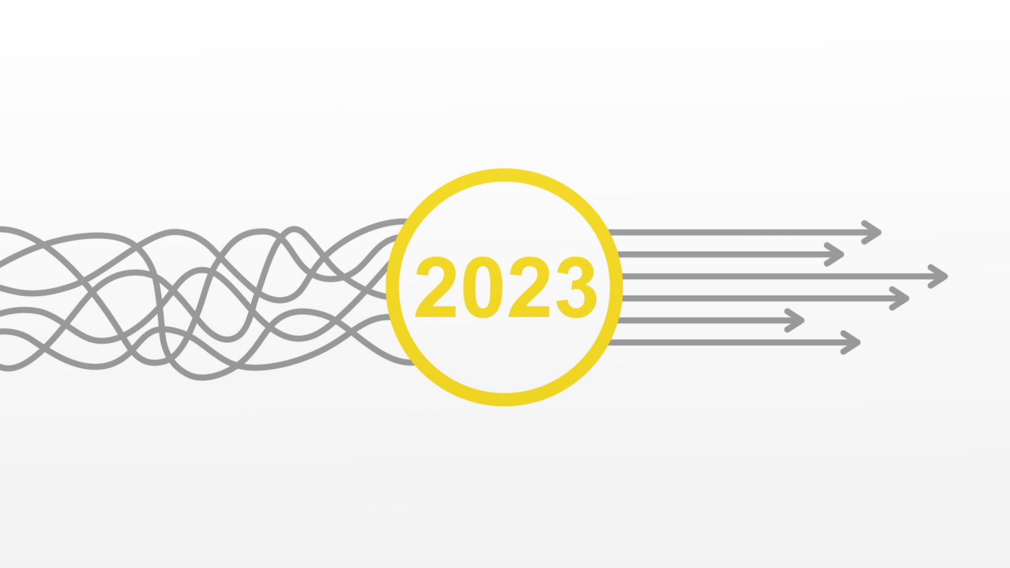 Gray tangled lines become straight arrows after passing through a yellow circle labeled 2023 on a white background, symbolizing clarity or progress in the year 2023.