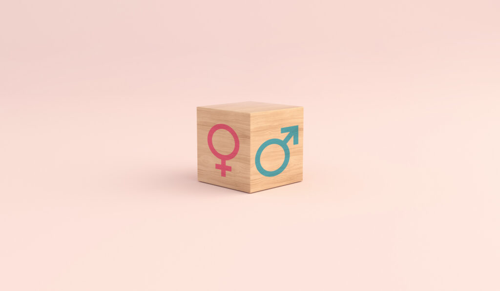 Gender equality concept. Male and female gender icons against pink background. 3D rendering