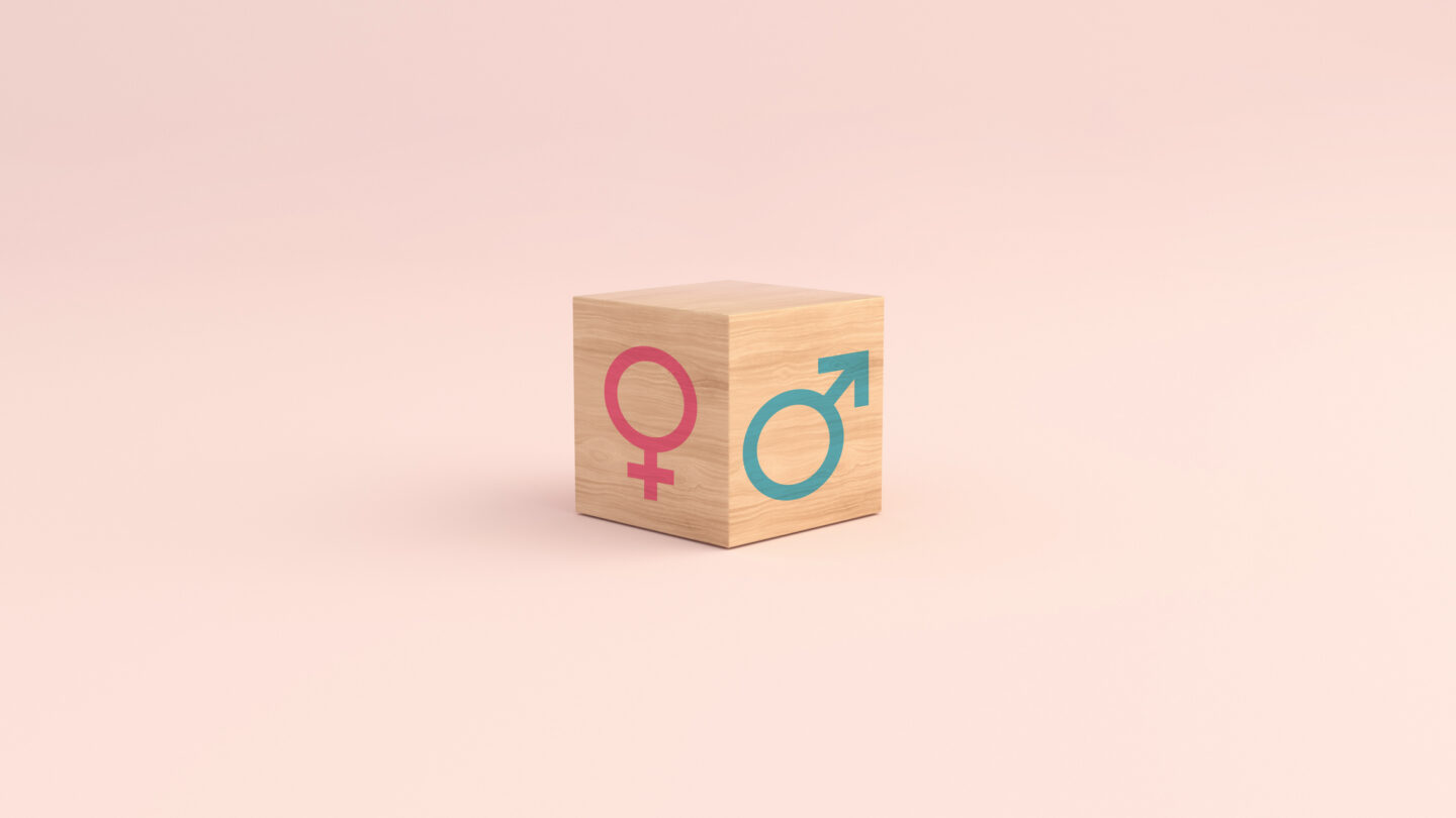 Gender equality concept. Male and female gender icons against pink background. 3D rendering