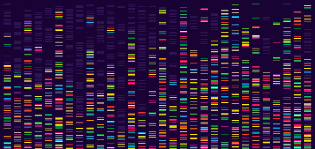 Genome map. DNA test and barcoding visualisation, abstract big genomic data sequence columns vector background illustration of medical DNA genetic genome.