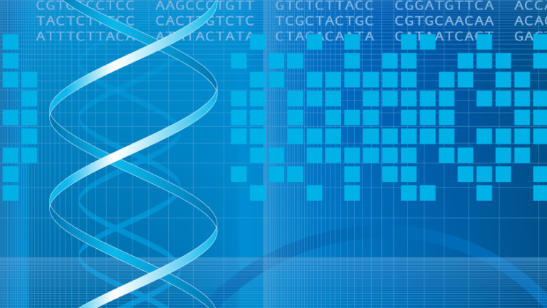 Abstract blue background with a DNA double helix on the left and genetic code sequences and data blocks on the right, representing genetics and bioinformatics.
