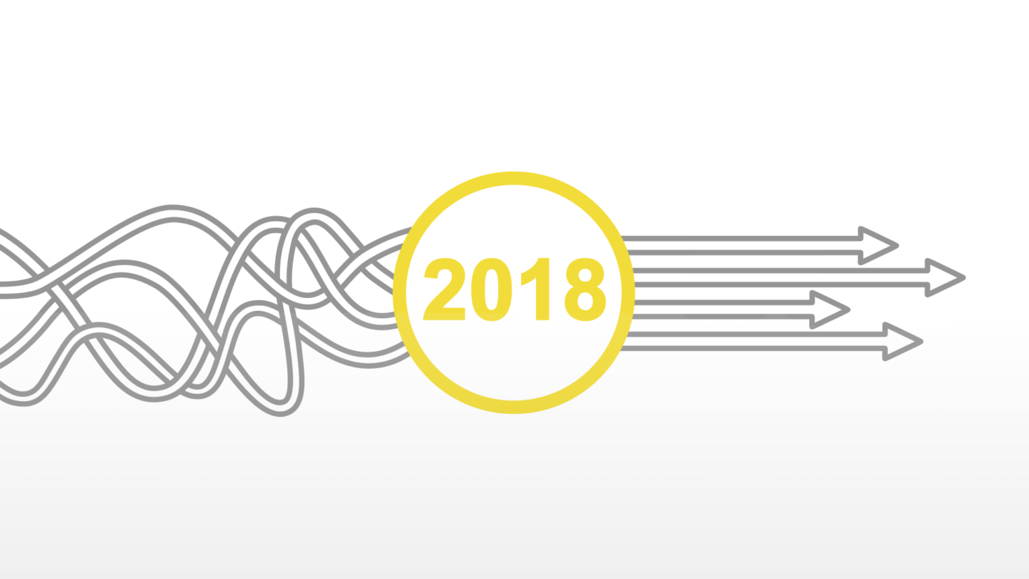 A yellow circle with 2018 inside separates tangled lines on the left from three straight arrows moving right, symbolizing clarity or progress.