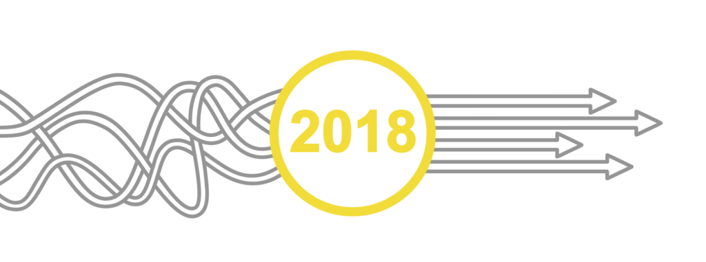 Gray tangled lines on the left straighten into parallel arrows after passing through a yellow circle labeled 2018 in the center.