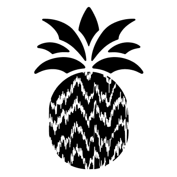 Black pineapple silhouette with spiky leaves. The body of the pineapple has a white and black zigzag pattern, resembling static or chevron stripes. The background is plain white.