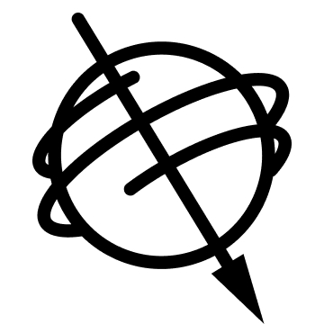 A black line drawing of a tilted sphere with two curved rings and a diagonal arrow passing through its center from upper left to lower right.