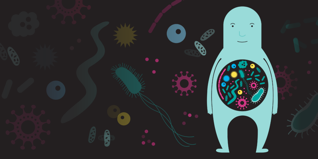 Digital illustration of person with a microbiome in it. Microbiome elements are in the background