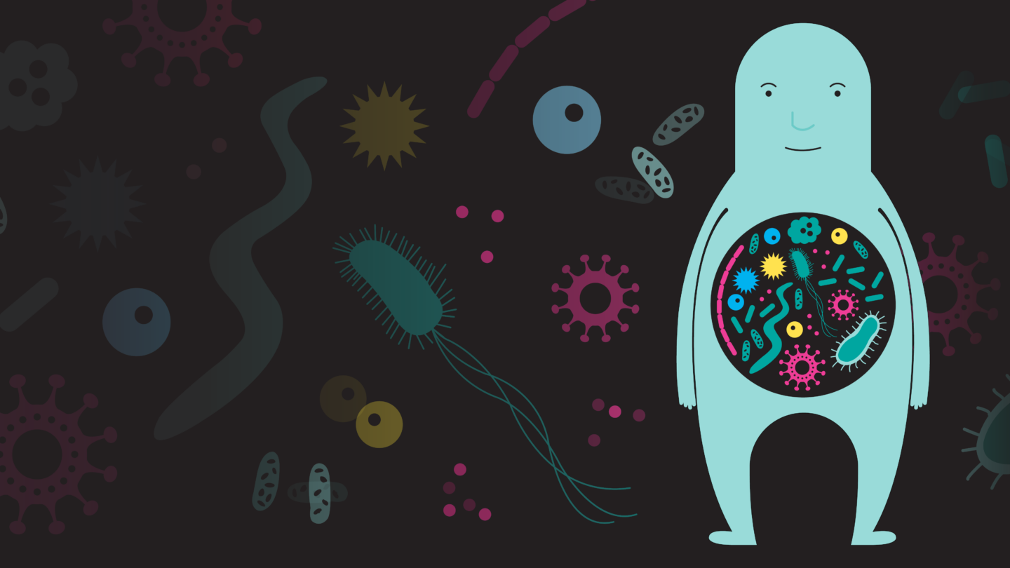 Digital illustration of person with a microbiome in it. Microbiome elements are in the background