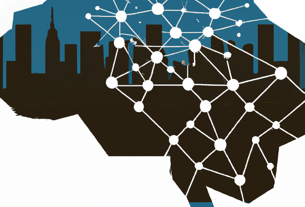 A brain silhouette with a city skyline in the background, overlaid with a network of connected white dots symbolizing connections or technology.