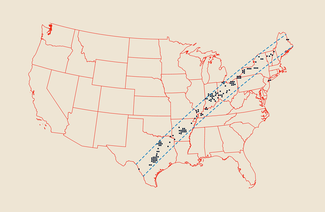 Map of the United States showing a diagonal corridor marked by dashed blue lines, containing a scattered pattern of black dots representing locations from Texas to Maine.