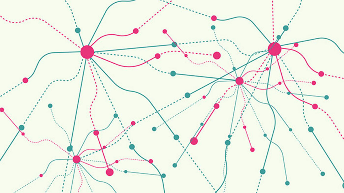 Abstract illustration of interconnected pink and teal dots with solid and dotted lines spreading outwards, resembling a network or neural connections on a light background.