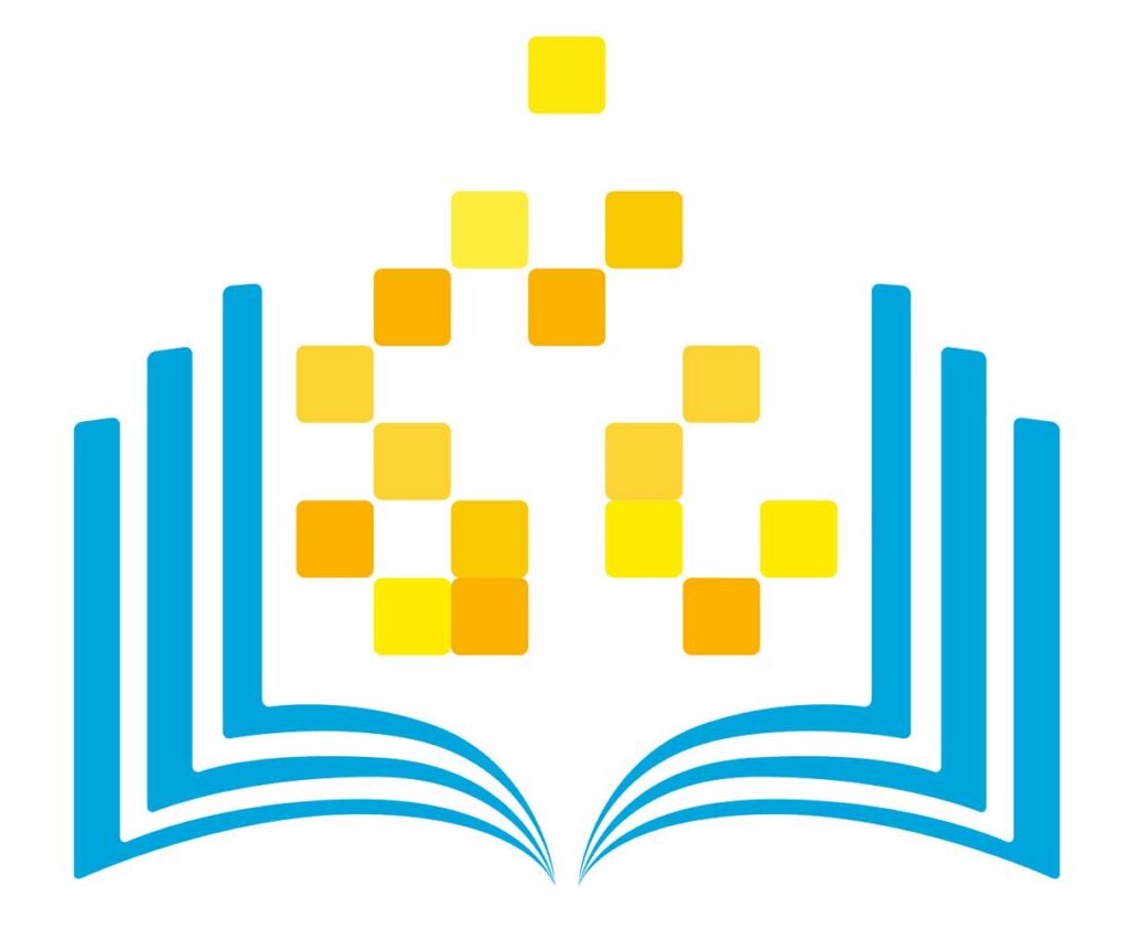 An open blue book with stylized pages and yellow and orange squares above it, arranged to resemble a flame.