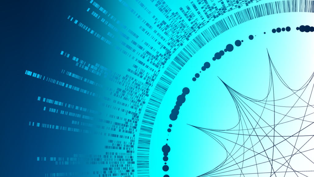 Abstract digital graphic with radiating blue lines, dots, and bars on a gradient blue background, forming a half-circle with interconnected black lines and points in the center.