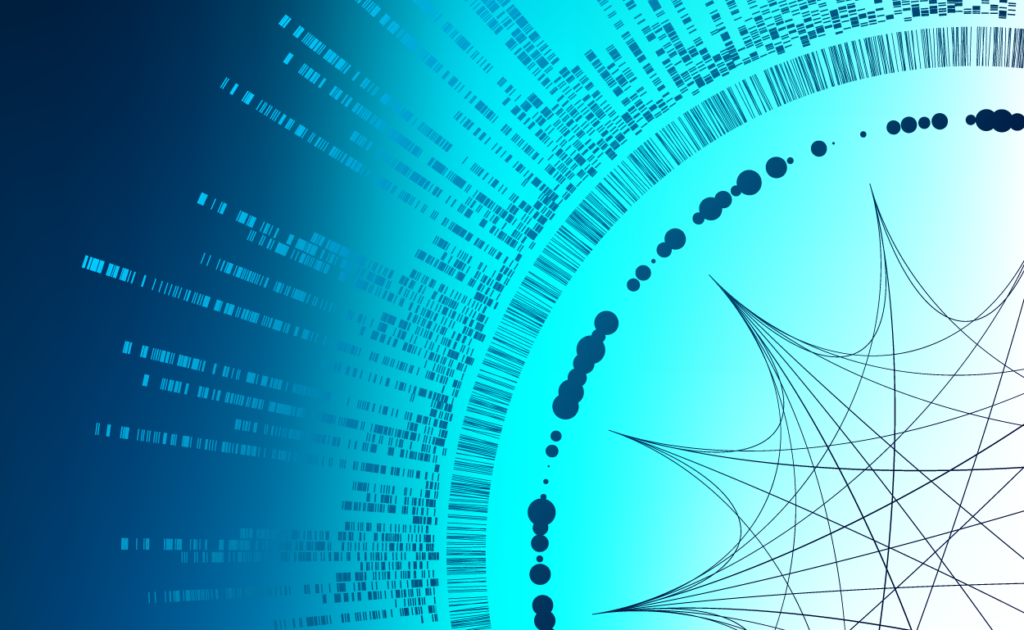 Abstract digital graphic with radiating blue lines, dots, and bars on a gradient blue background, forming a half-circle with interconnected black lines and points in the center.