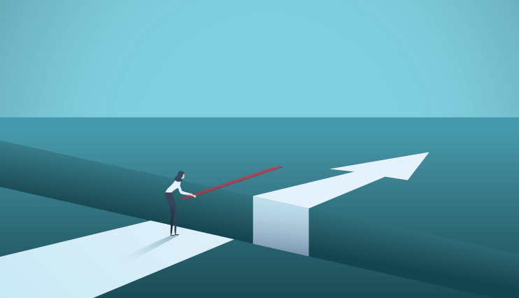A person uses a red pencil to draw a bridge over a gap in a large arrow-shaped path, symbolizing overcoming obstacles or finding solutions.