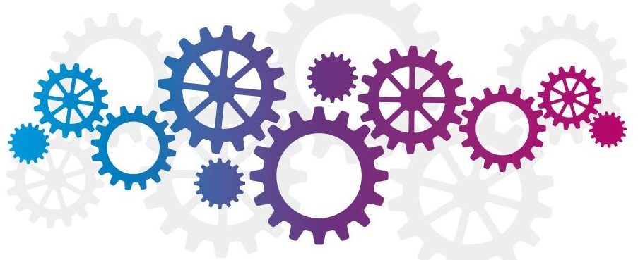 Colorful blue and purple gears of various sizes interlock and overlap on a white background, with some gears shaded lighter to appear faded or in the background.