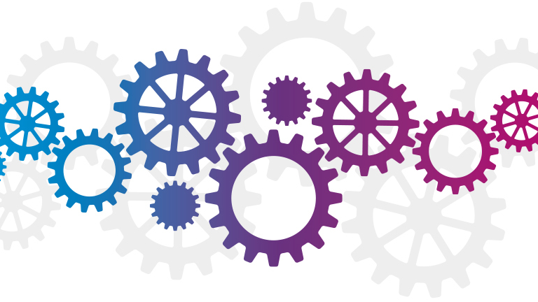 Colorful gears of various sizes overlap and interlock against a white background, with prominent blue, purple, and pink gears in the foreground and lighter gray gears in the background.