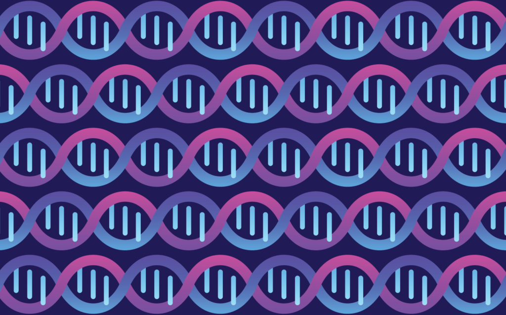 A seamless pattern of stylized DNA double helix strands in alternating blue and pink colors on a dark purple background.