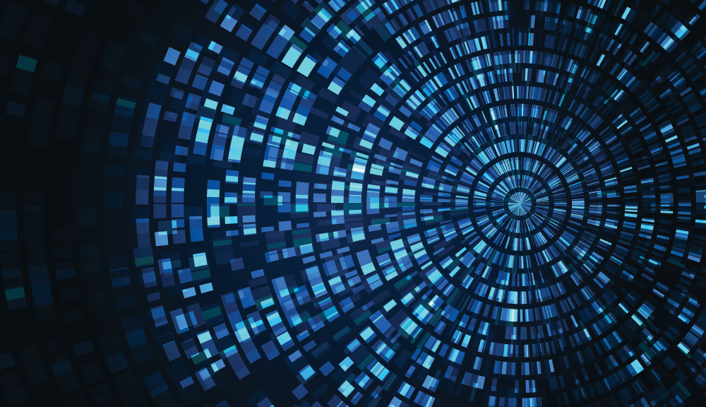 A digital abstract background featuring concentric circles of glowing blue and turquoise rectangles radiating from a central point, resembling a tunnel or data visualization.