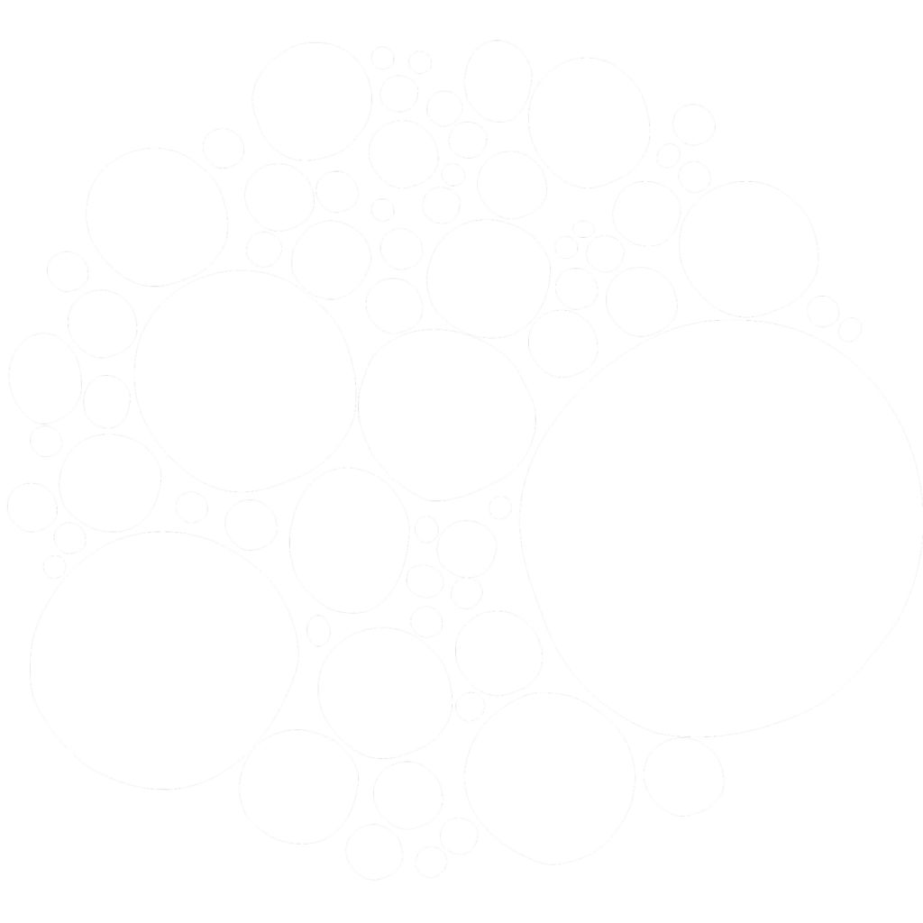 A cluster of variously sized white circles overlapping on a light gray background, creating an abstract, bubble-like pattern.