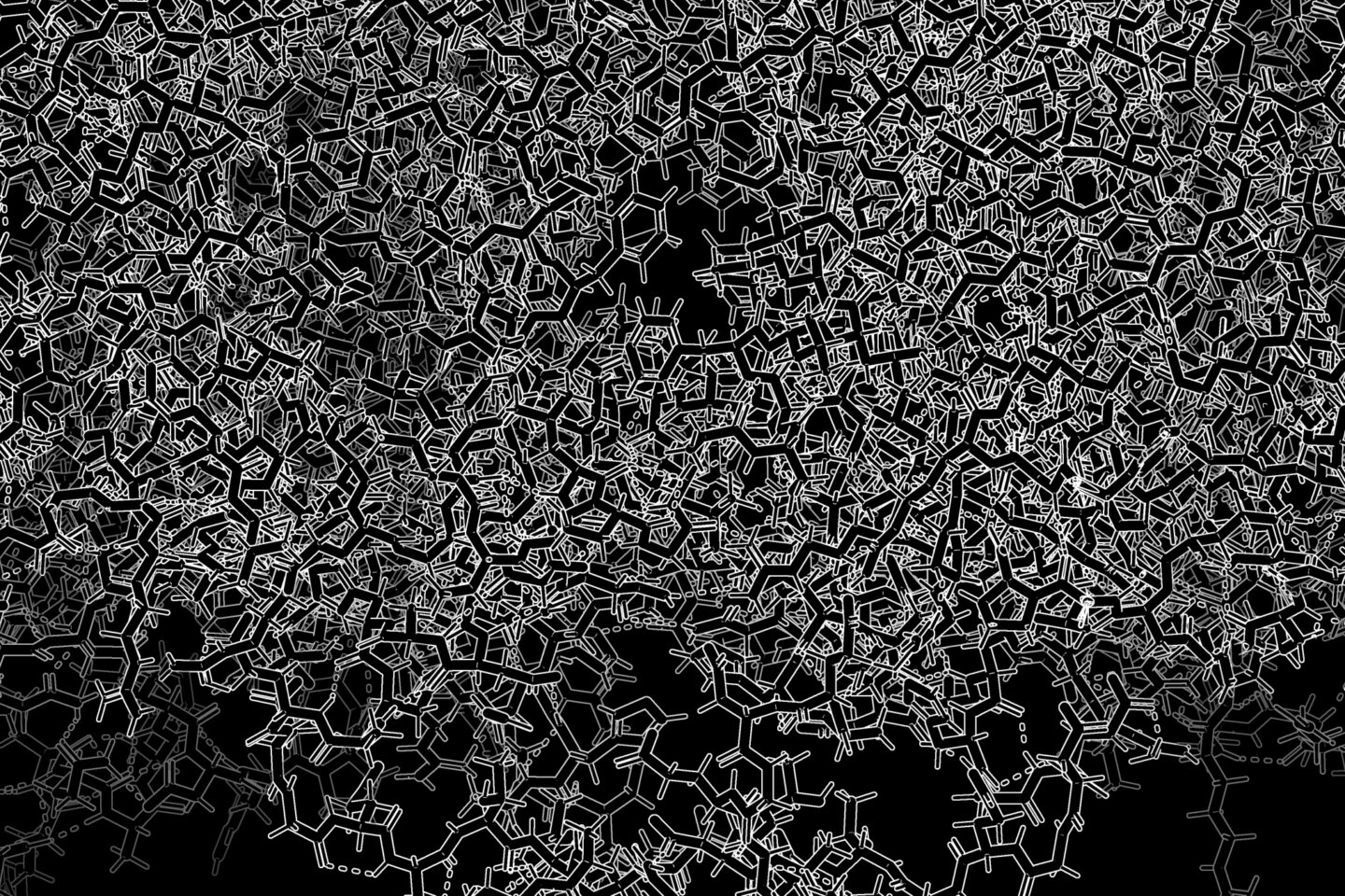 A dense, intricate web of black and white molecular structures with complex lines and geometric shapes, resembling overlapping chemical diagrams on a black background.
