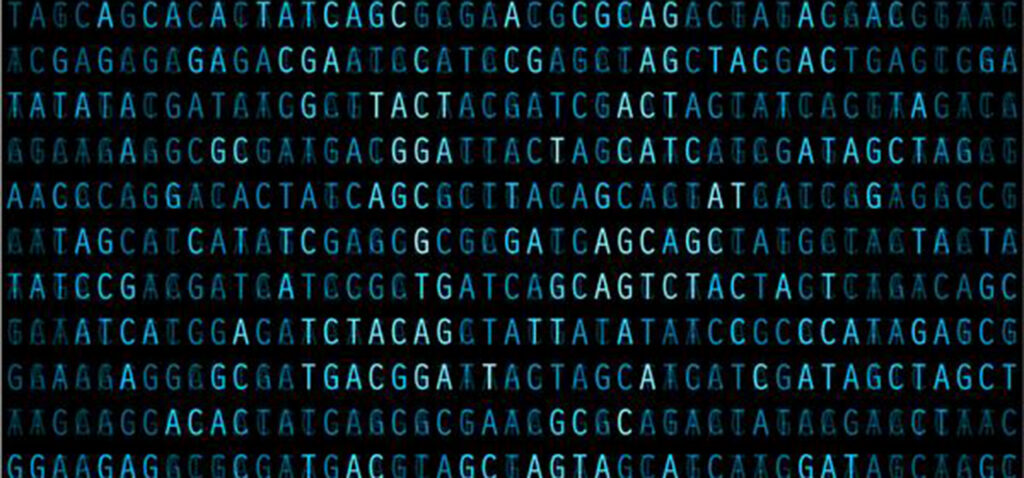 Rows of DNA sequence letters—A, T, C, and G—are displayed in blue on a black background. Some of the letters are highlighted in a lighter blue, creating a subtle pattern across the image.