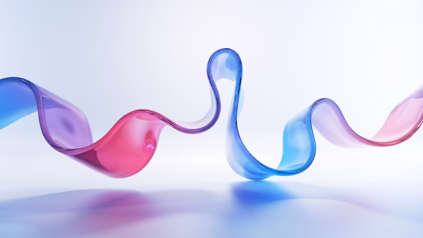 A smooth, translucent ribbon with pink and blue gradients twists gracefully across a white background, creating gentle curves and fluid shapes.