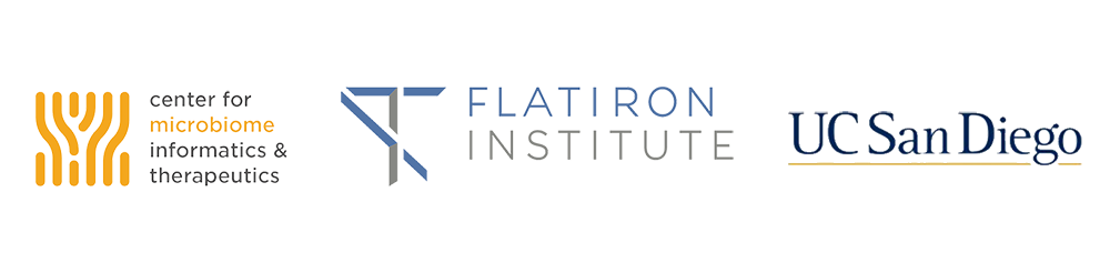 Logos of center for microbiome informatics and therapeutics, flatiron institute and UC San Diego side by side from left to right