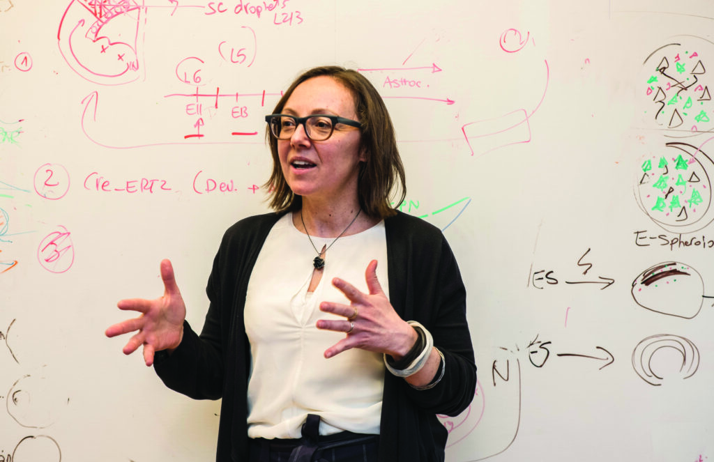 A woman with glasses gestures while speaking, standing in front of a whiteboard covered in colorful scientific diagrams and handwritten notes.