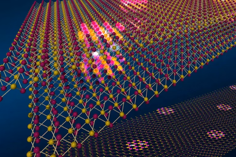 A digital illustration shows layered atomic lattices with connected red, yellow, and purple spheres, representing a crystal or material structure on a dark blue background.